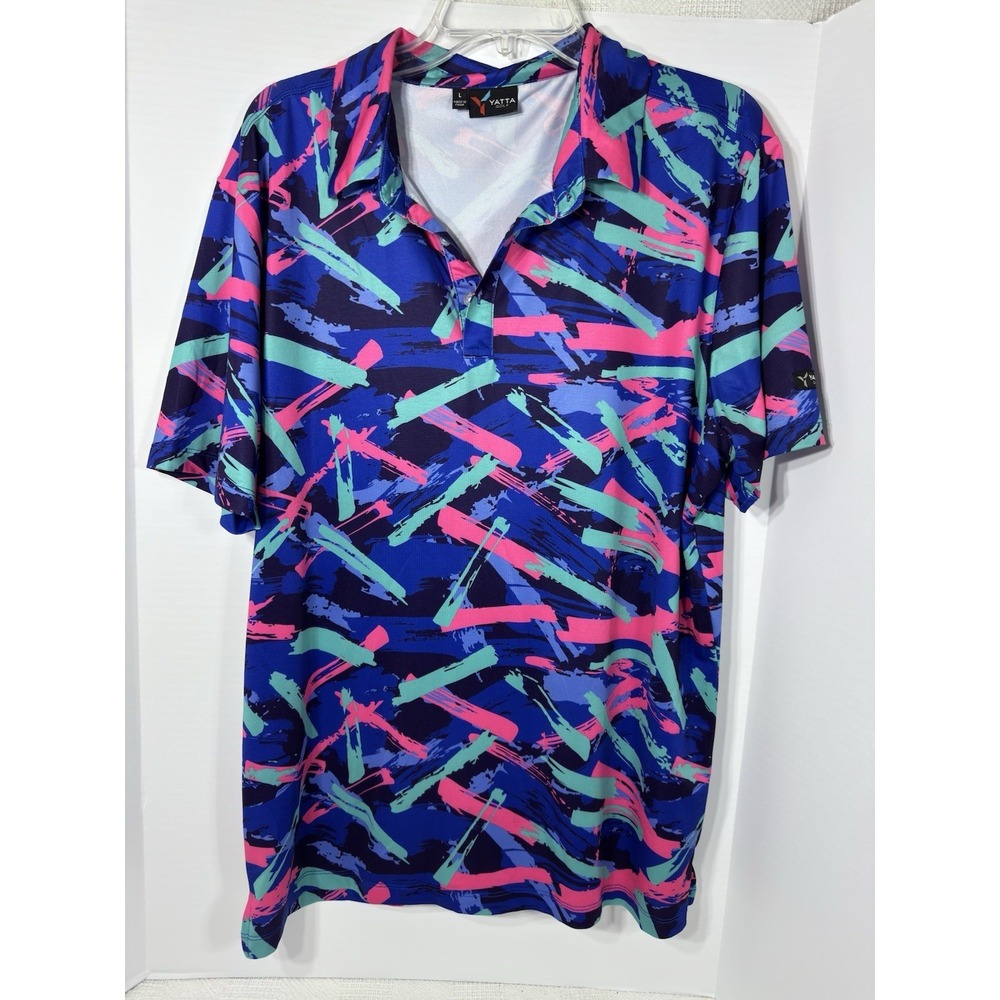 YATTA GOLF Abstract Mens Size Large Blue Pink Colorful Polo Shirt